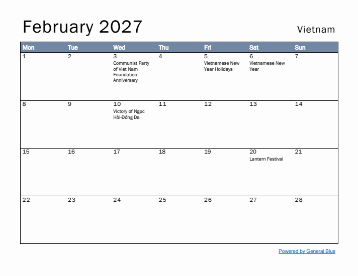 February 2027 Simple Monthly Calendar for Vietnam