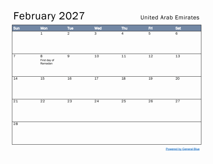 February 2027 Simple Monthly Calendar for United Arab Emirates