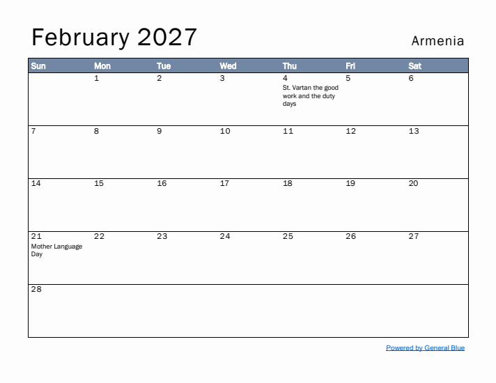 February 2027 Simple Monthly Calendar for Armenia