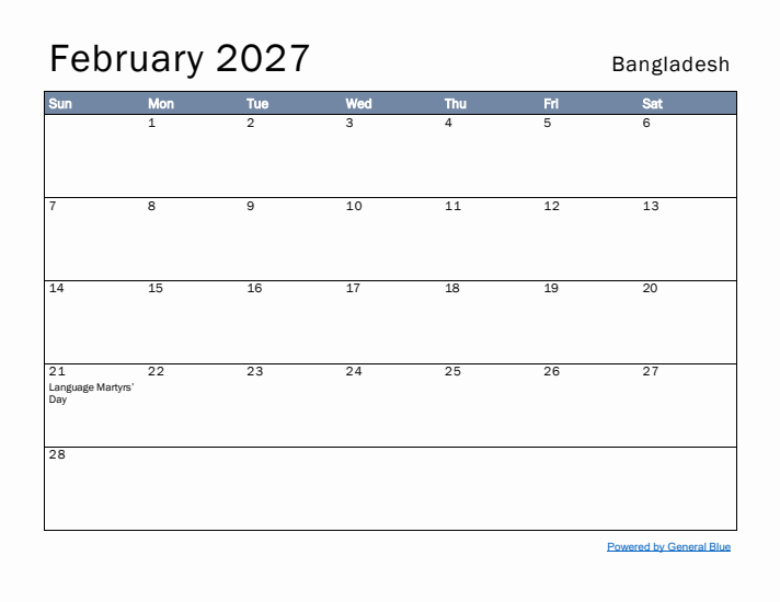 February 2027 Simple Monthly Calendar for Bangladesh