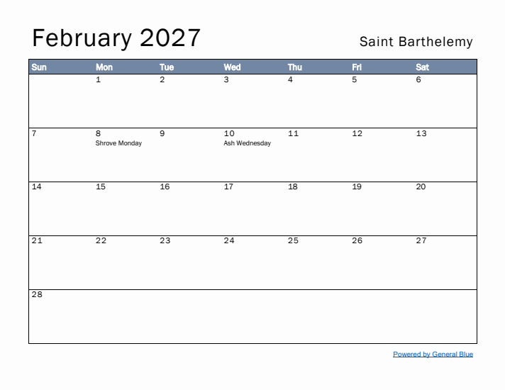 February 2027 Simple Monthly Calendar for Saint Barthelemy