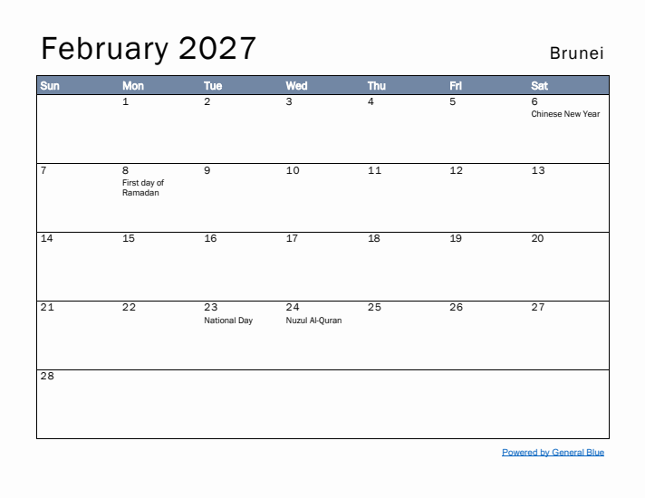 February 2027 Simple Monthly Calendar for Brunei