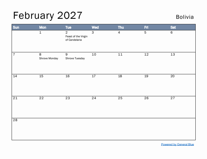 February 2027 Simple Monthly Calendar for Bolivia