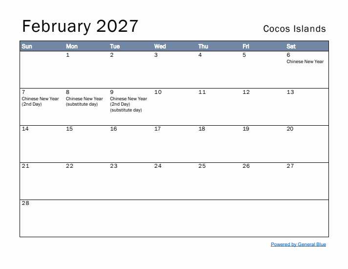 February 2027 Simple Monthly Calendar for Cocos Islands