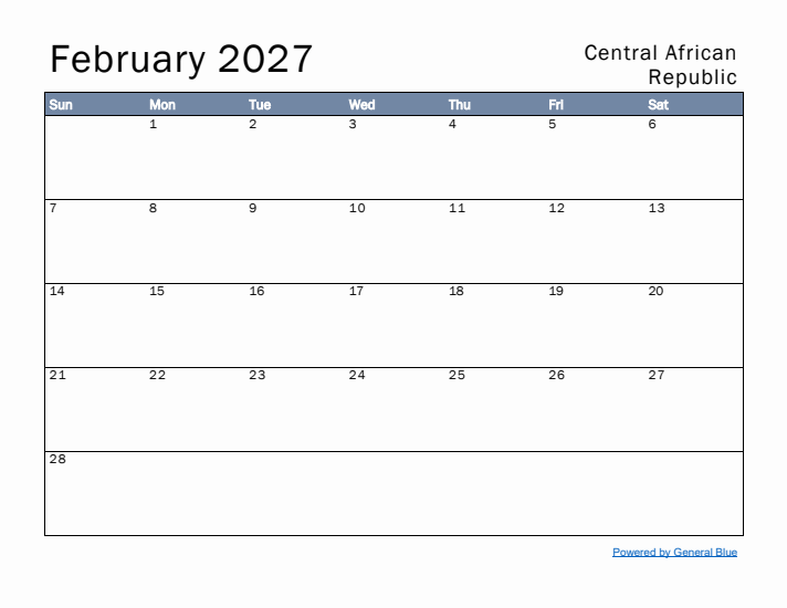 February 2027 Simple Monthly Calendar for Central African Republic