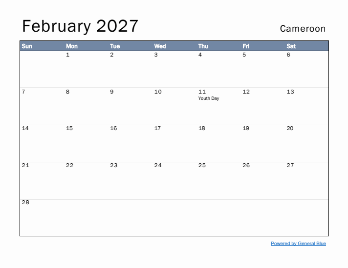 February 2027 Simple Monthly Calendar for Cameroon