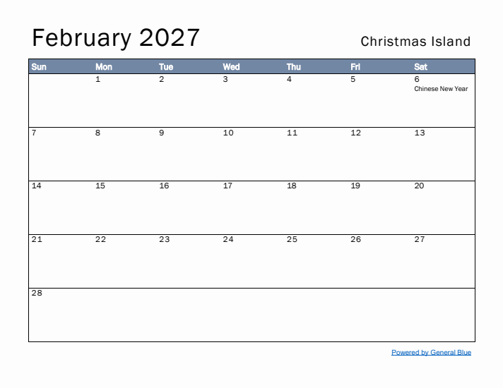 February 2027 Simple Monthly Calendar for Christmas Island