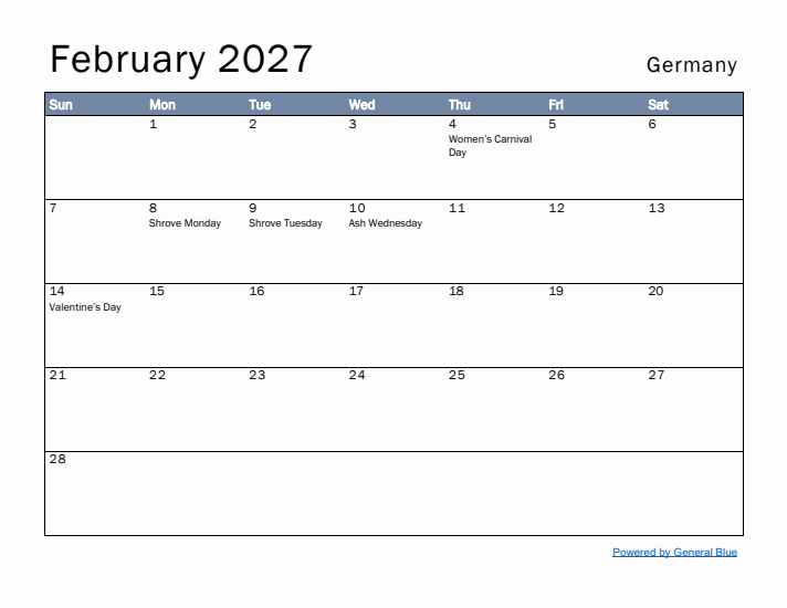 February 2027 Simple Monthly Calendar for Germany