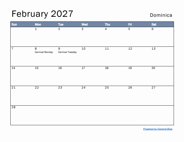 February 2027 Simple Monthly Calendar for Dominica