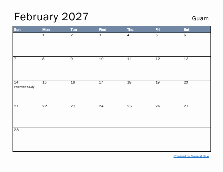 February 2027 Simple Monthly Calendar for Guam