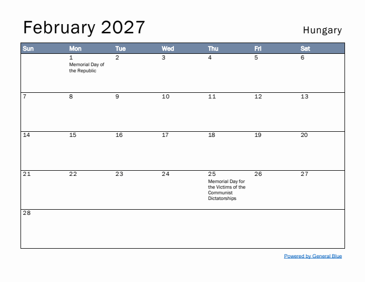 February 2027 Simple Monthly Calendar for Hungary