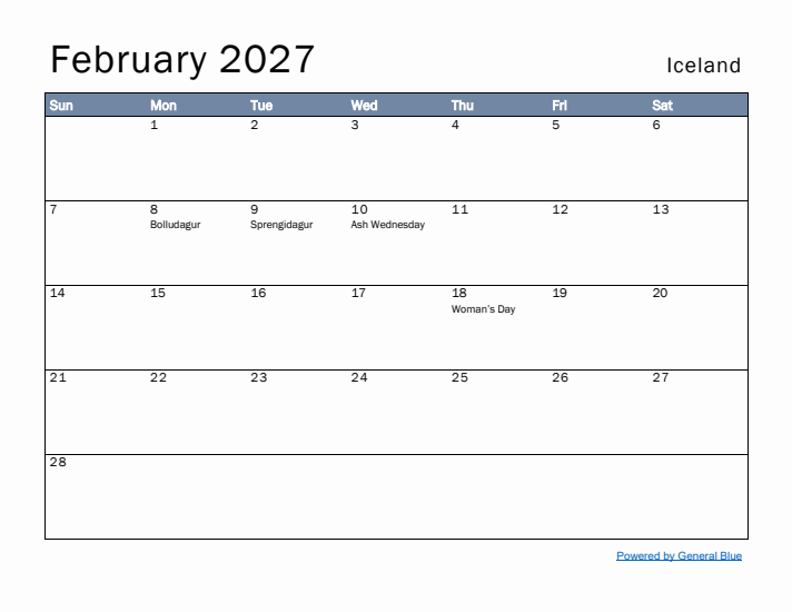 February 2027 Simple Monthly Calendar for Iceland