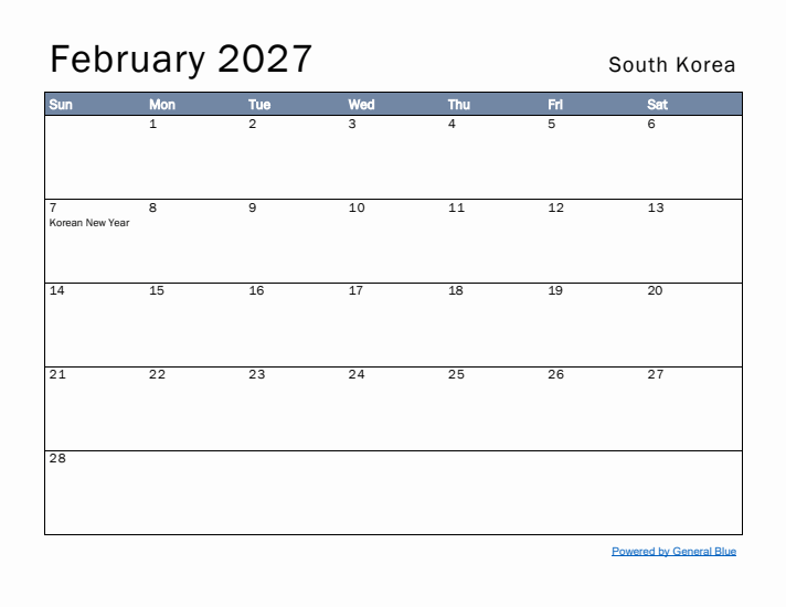 February 2027 Simple Monthly Calendar for South Korea