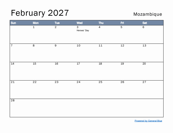 February 2027 Simple Monthly Calendar for Mozambique