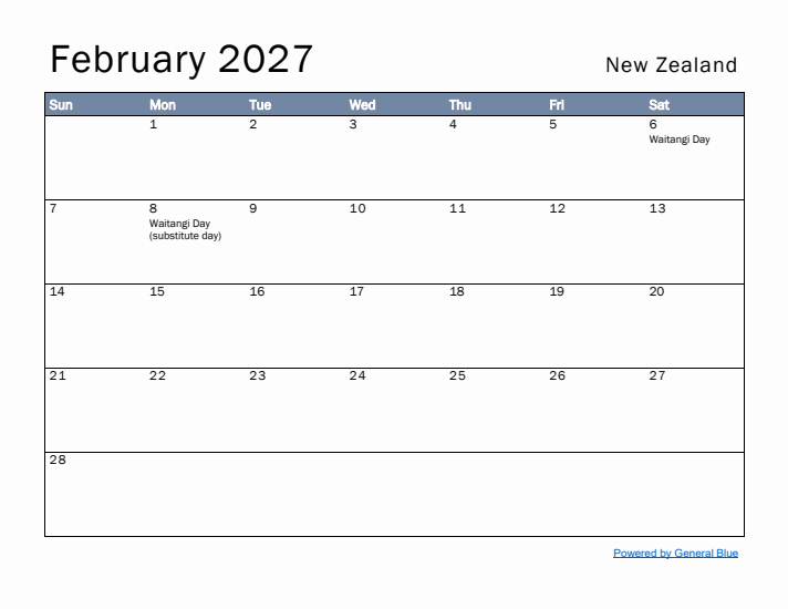 February 2027 Simple Monthly Calendar for New Zealand