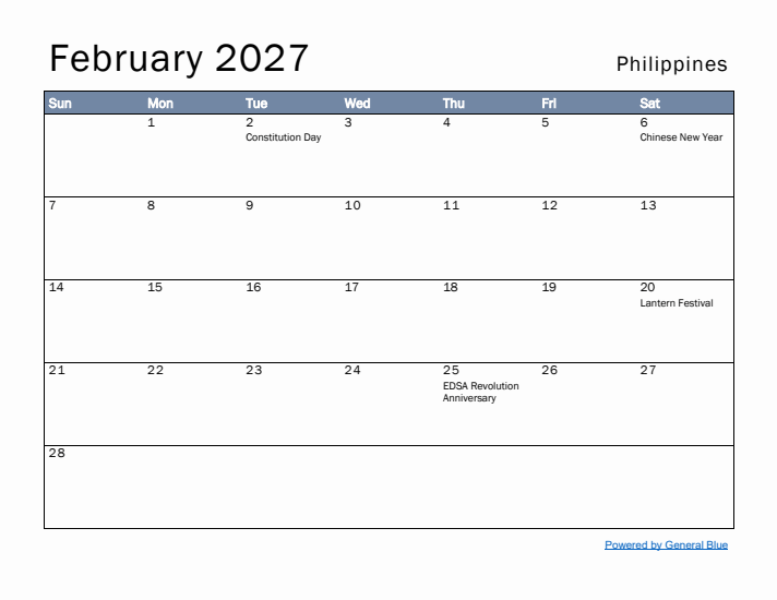 February 2027 Simple Monthly Calendar for Philippines