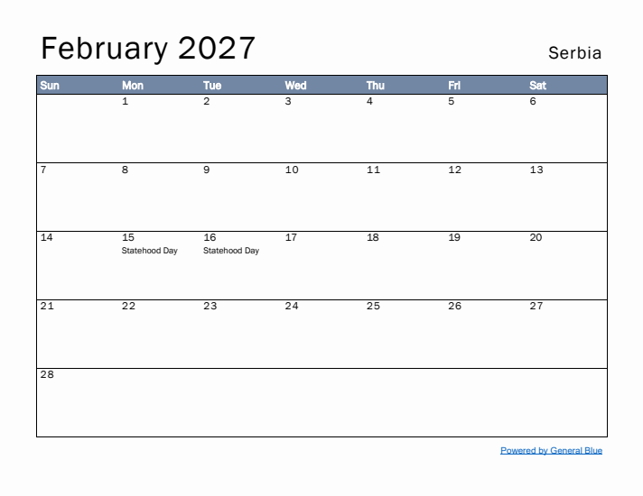 February 2027 Simple Monthly Calendar for Serbia