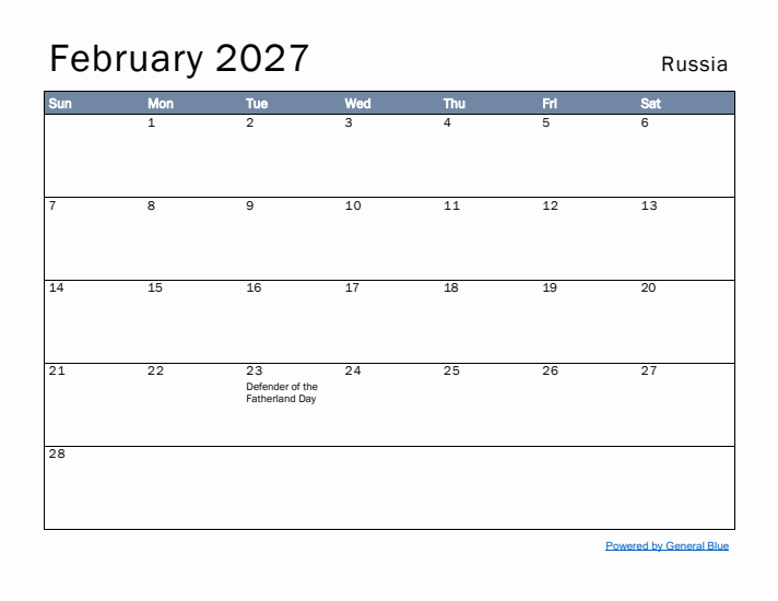 February 2027 Simple Monthly Calendar for Russia