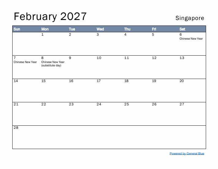 February 2027 Simple Monthly Calendar for Singapore