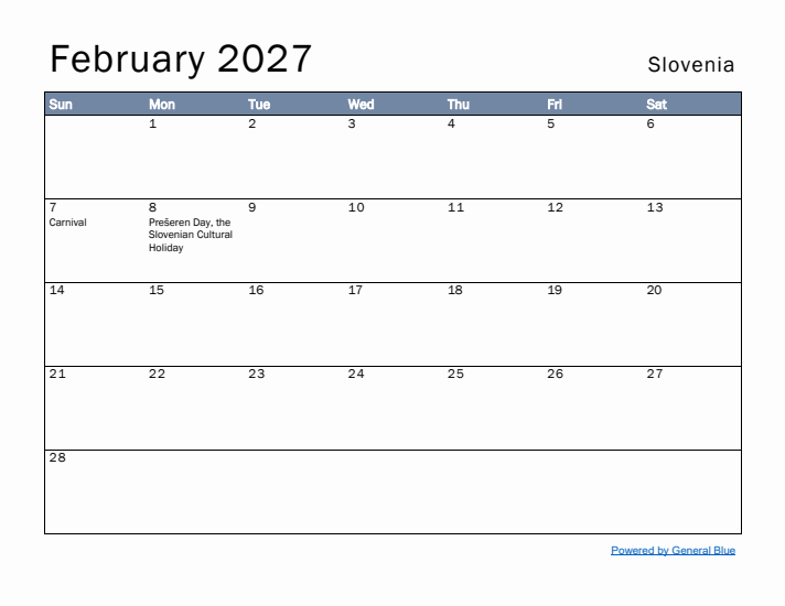 February 2027 Simple Monthly Calendar for Slovenia