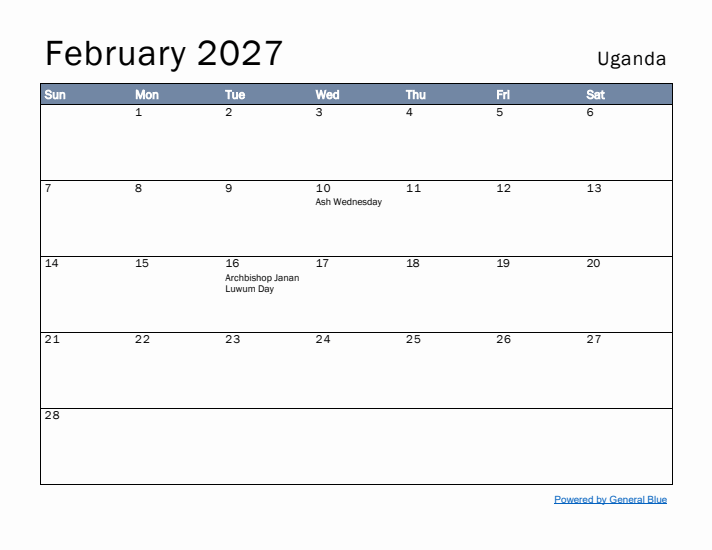 February 2027 Simple Monthly Calendar for Uganda