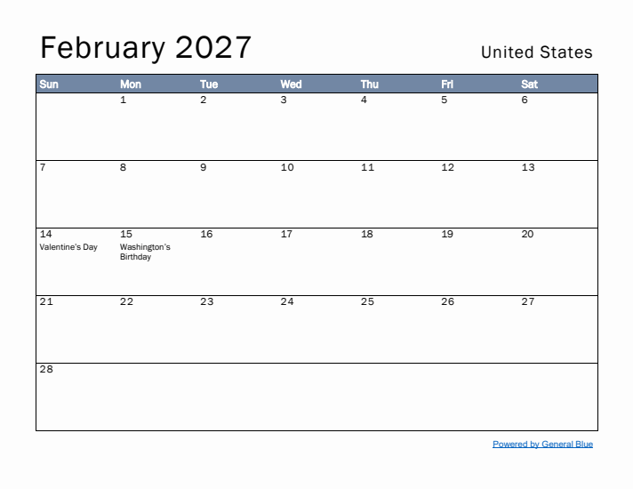 February 2027 Simple Monthly Calendar for United States