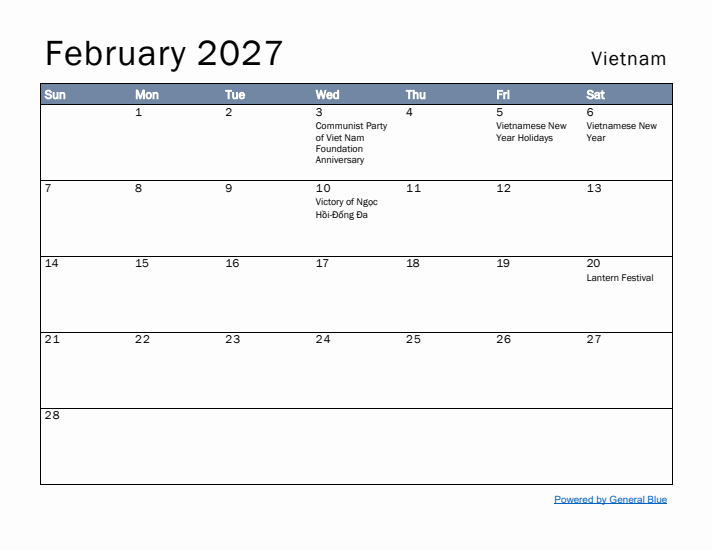 February 2027 Simple Monthly Calendar for Vietnam