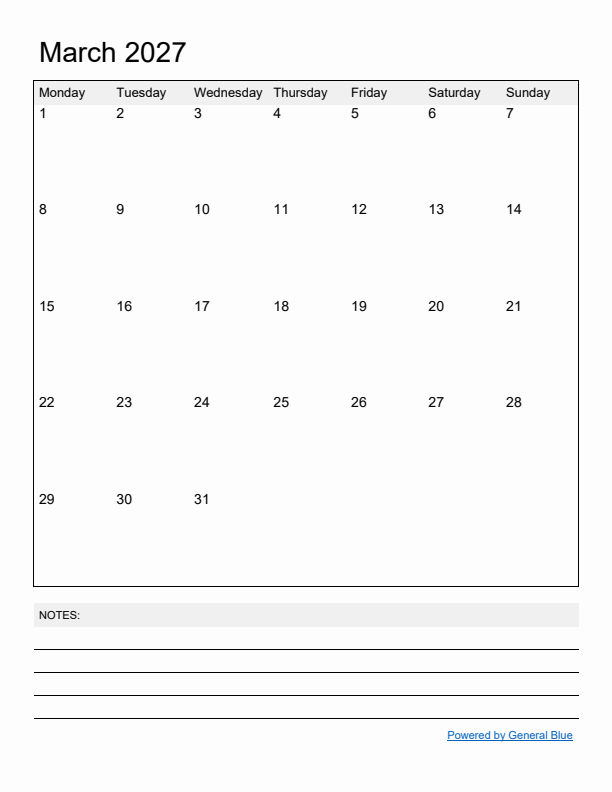 Basic Monthly Calendar Template for March 2027