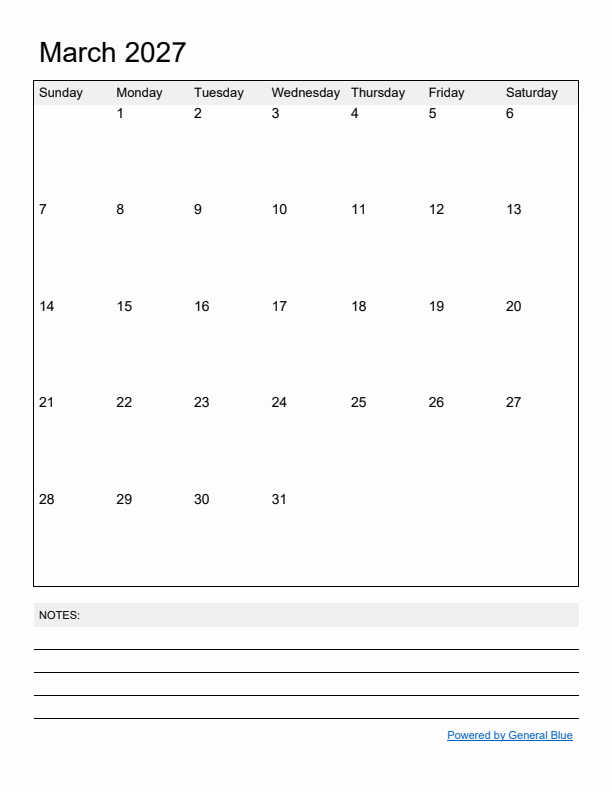 Basic Monthly Calendar Template for March 2027