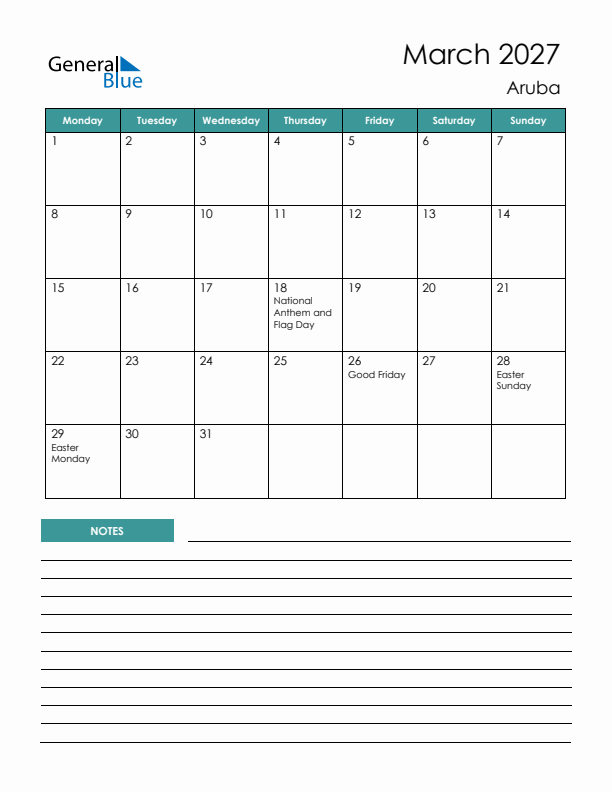 Calendar with Notes Printable - Monday Start