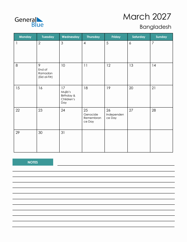 Calendar with Notes Printable - Monday Start