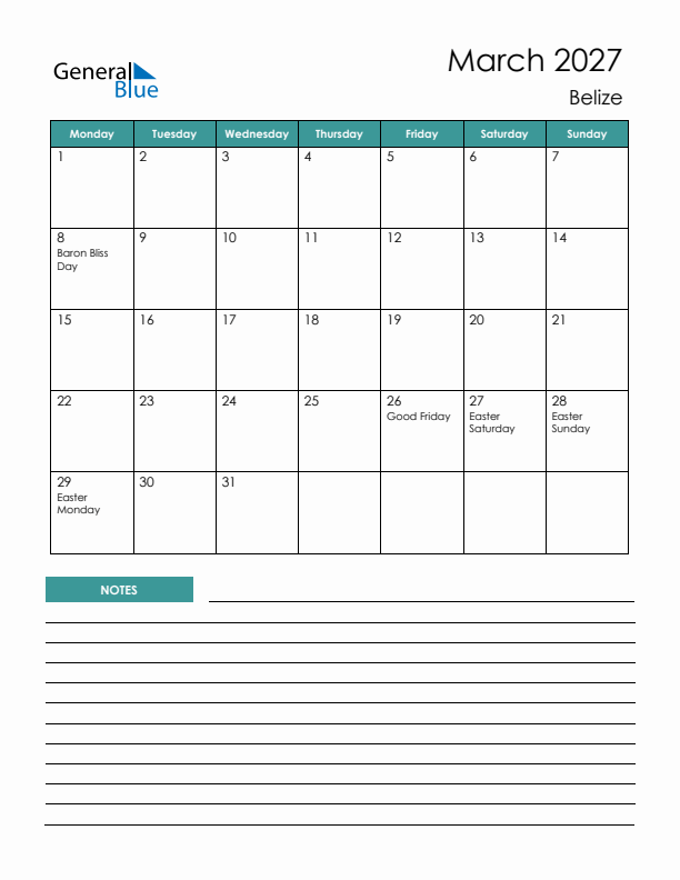 Calendar with Notes Printable - Monday Start