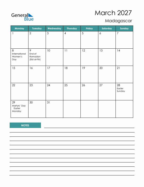 Calendar with Notes Printable - Monday Start