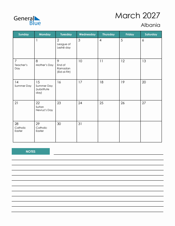 Calendar with Notes Printable - Sunday Start