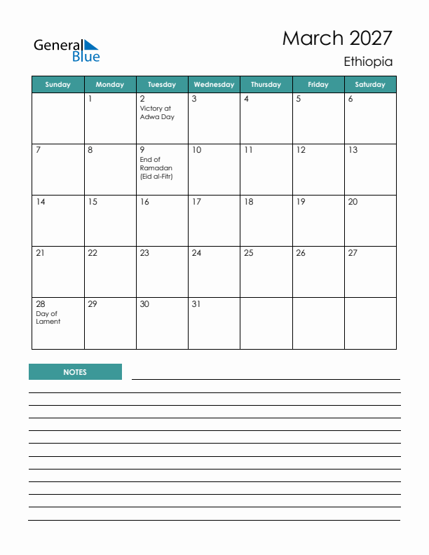 Calendar with Notes Printable - Sunday Start