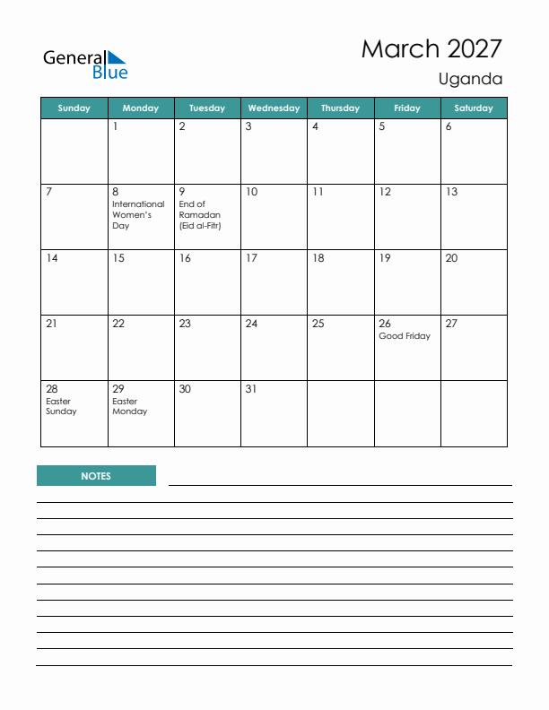 Calendar with Notes Printable - Sunday Start