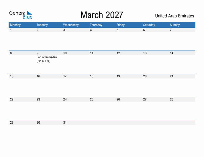 Fillable March 2027 Calendar