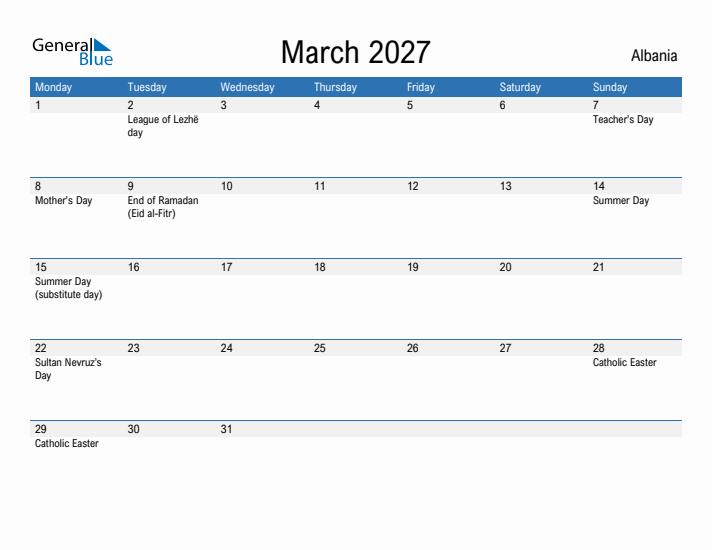 Fillable March 2027 Calendar