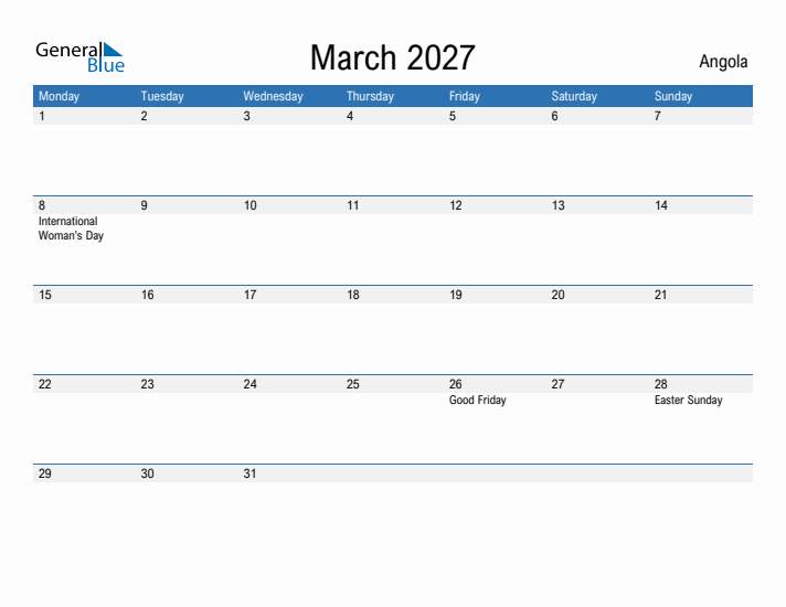 Fillable March 2027 Calendar