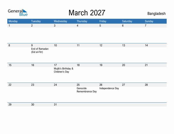 Fillable March 2027 Calendar