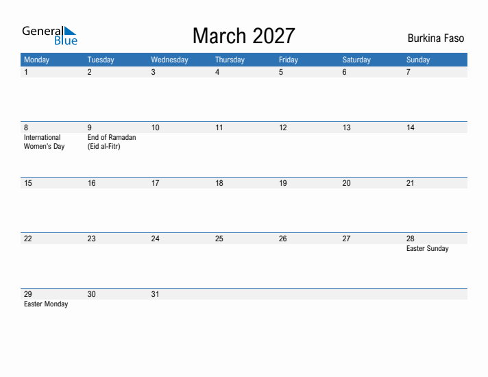 Fillable March 2027 Calendar