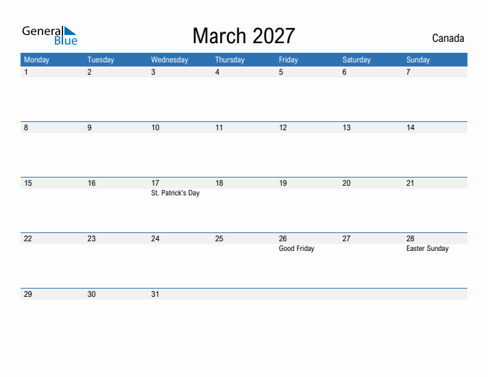 Fillable March 2027 Calendar