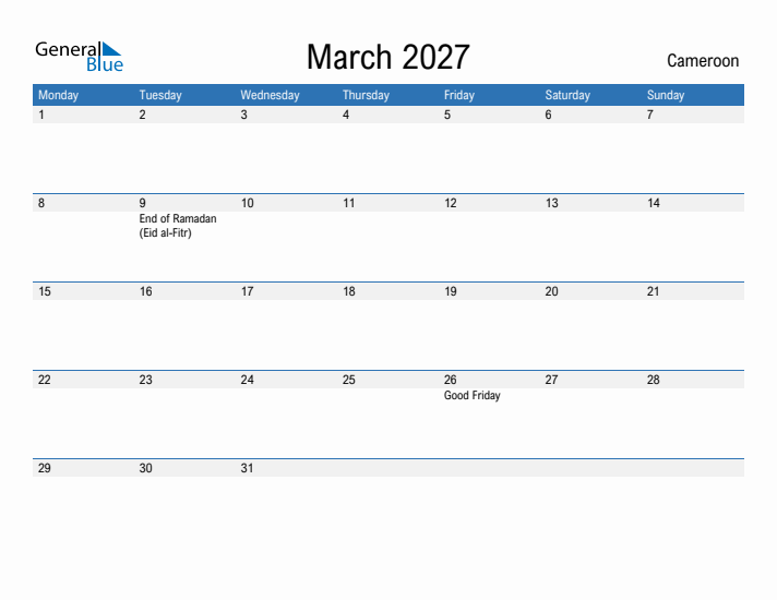 Fillable March 2027 Calendar