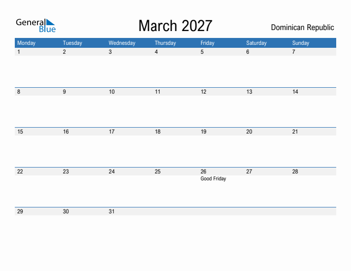 Fillable March 2027 Calendar