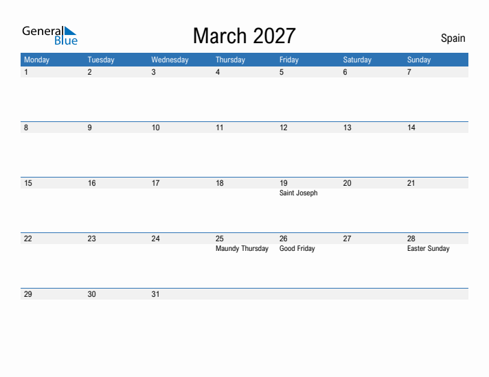 Fillable March 2027 Calendar