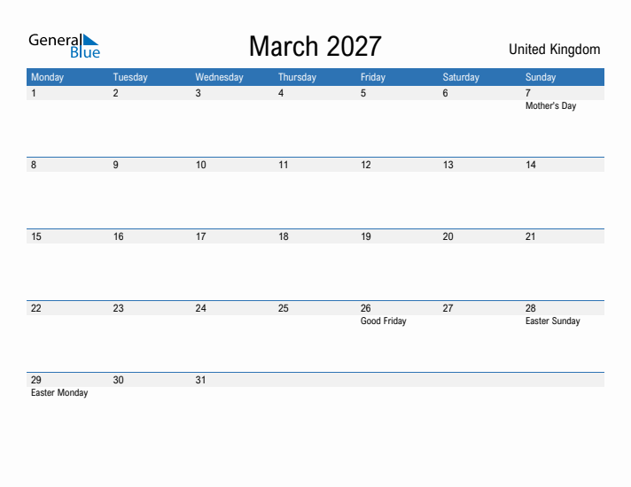 Fillable March 2027 Calendar