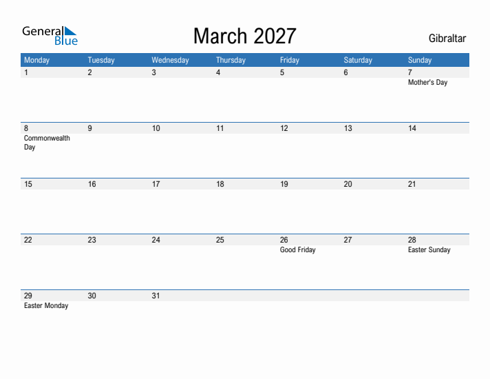 Fillable March 2027 Calendar