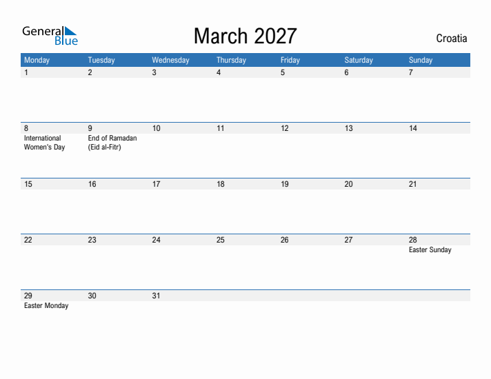 Fillable March 2027 Calendar