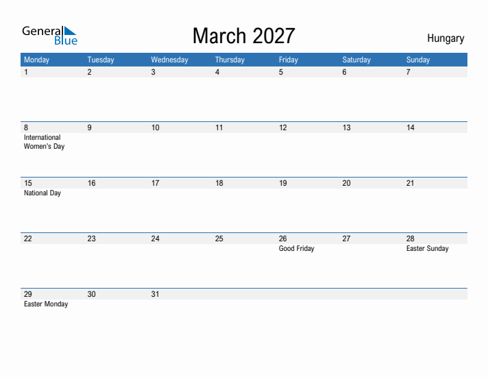 Fillable March 2027 Calendar