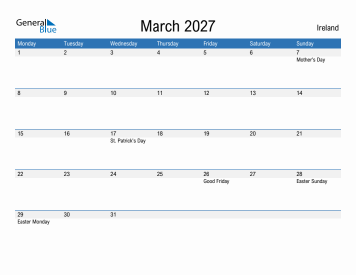 Fillable March 2027 Calendar